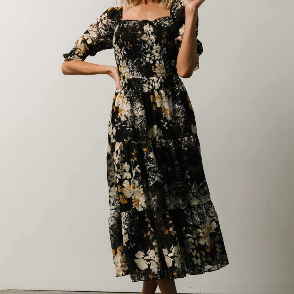 Baltic Born Black Floral Midi Dress with Cream & Mustard Accents